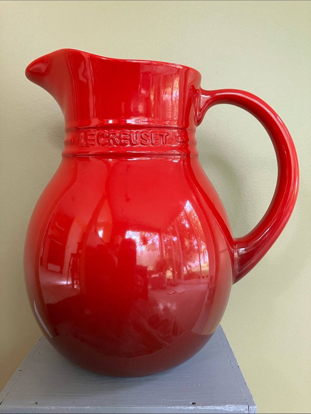 Rare Le Creuset Gloss Red Ceramic Pitcher with Sculpted Handle - 3 quart size